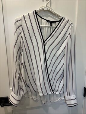 White House Black Market White Blouse with Black and Burgundy Stripes